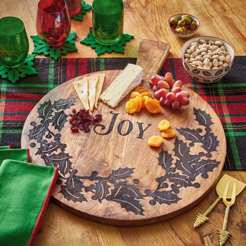 Tag Joy Round Wooden Serving Tray Natural Wood For Christmas In Brown