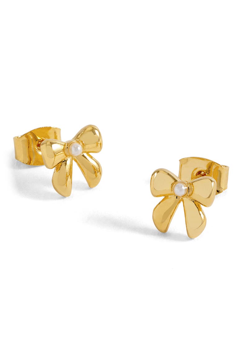 Faux Pearl Bow Stud Earrings, Main, color, GOLD