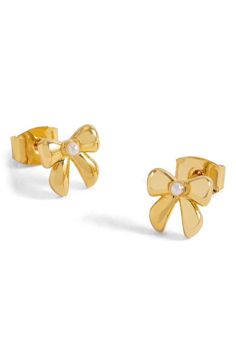 Estella Bartlett Faux Pearl Bow Stud Earrings, Main, color, Gold