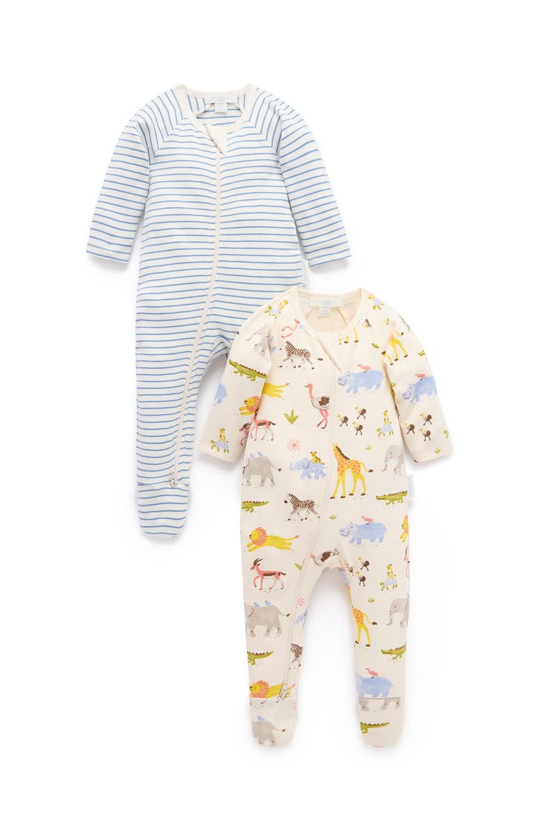 Purebaby 2 Pack Basics Printed Zip Footie Unisex, Main, color, Migrating Animals Print