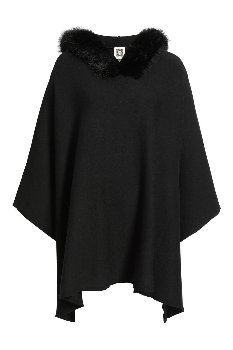 Faux Fur Trim Hooded Sweater Cape, Main, color, ANNE BLACK