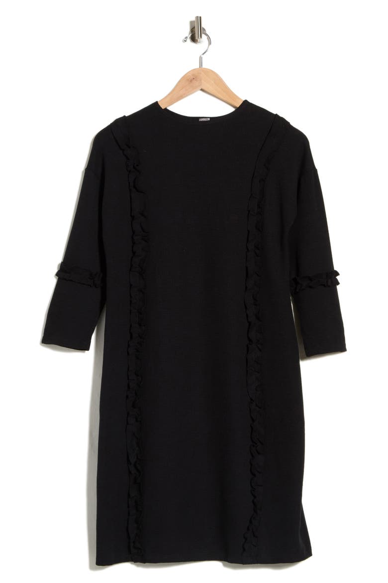 Long Sleeve Ruffle Trim Knit Dress, Main, color, TWO TONE BLACK