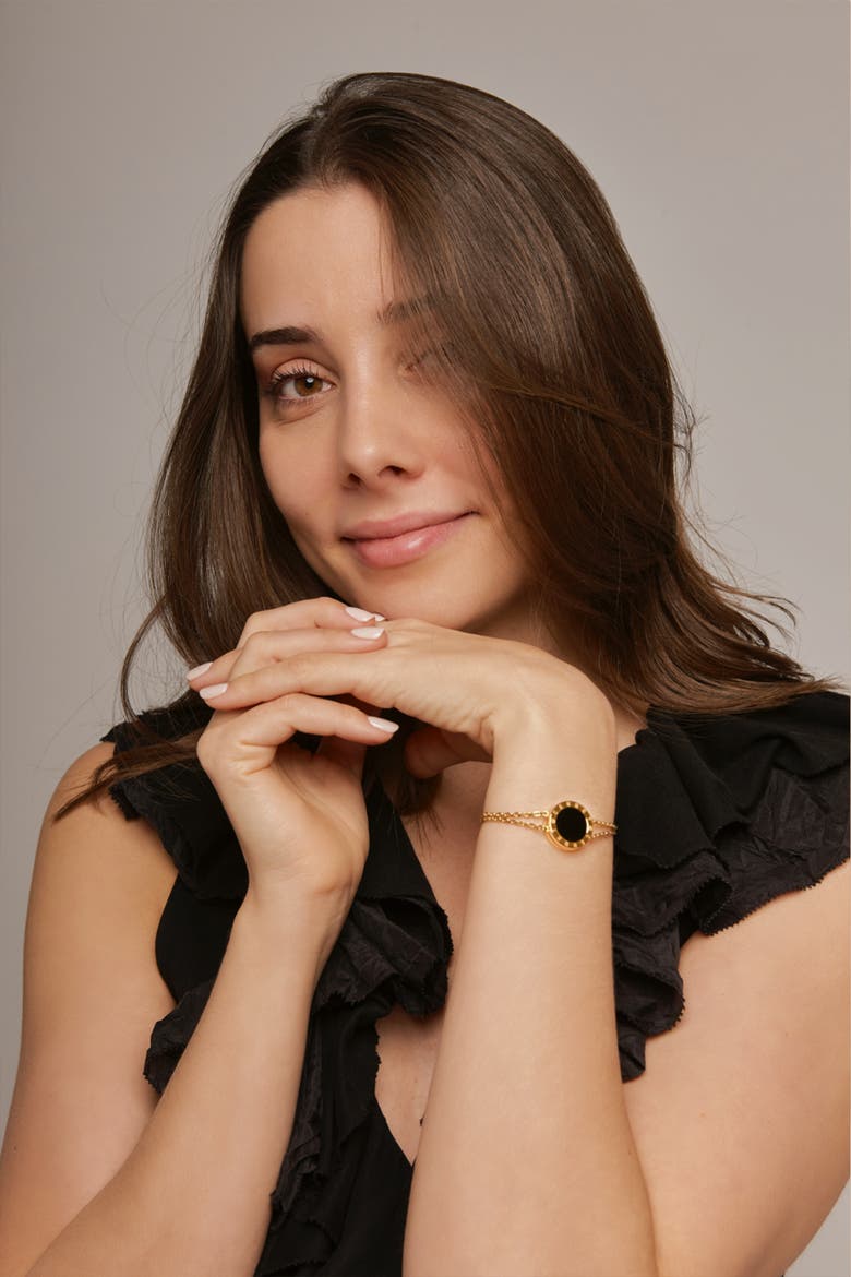 24K Gold Plated Double Chain With  Black Enamel Luxury Safety Bracelet, Alternate, color, 24k Gold Plated