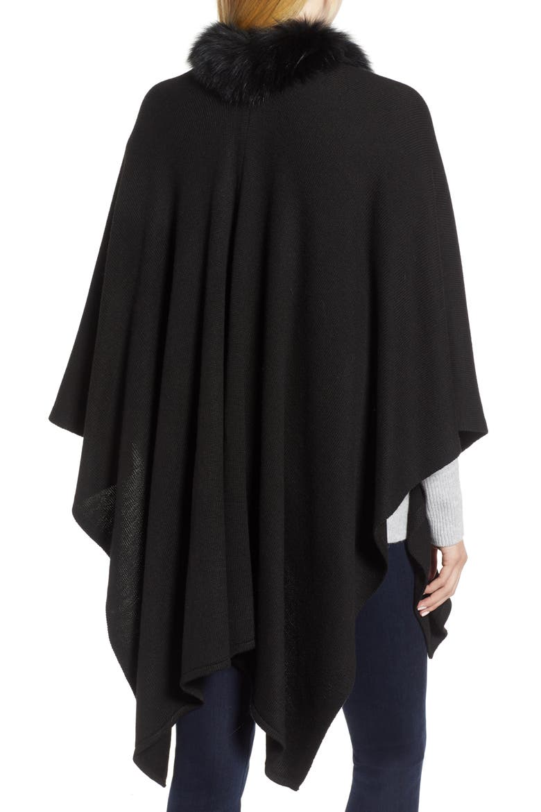 Wool Blend Wrap with Genuine Fox Fur Trim, Alternate, color, BLACK