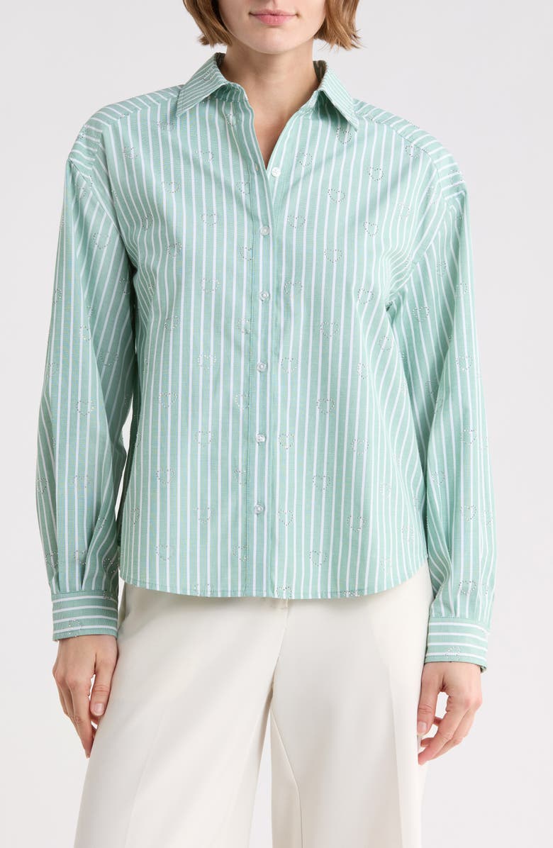 Nanette Lepore Stripe Embellished Button-Up Shirt, Main, color, Shamrock Green Stripe Heart