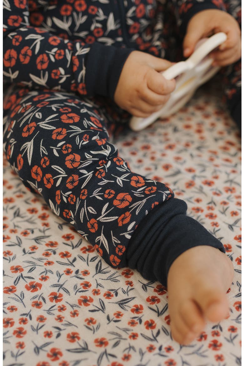 Poppy Floral Print Fitted Footie Pajamas, Alternate, color, NAVY