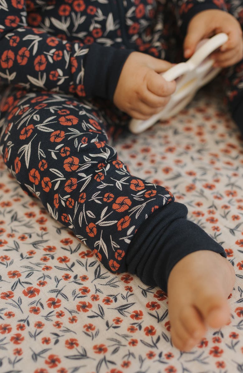 FIRSTS by Petit Lem Poppy Floral Print Fitted Footie Pajamas, Alternate, color, Navy