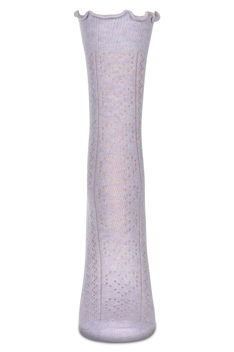 Heart Ruffle Cuff Cotton Blend Pointelle Crew Socks, Alternate, color, PURPLE HEATHER
