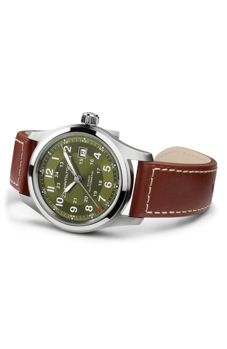 Hamilton Khaki Field Automatic Leather Strap Watch, 42mm, Alternate, color, Green