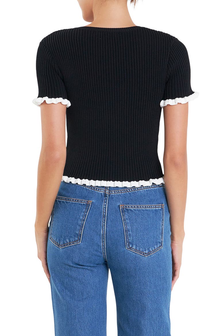 Ruffle Trim Short Sleeve Rib Sweater, Alternate, color, BLACK/ WHITE