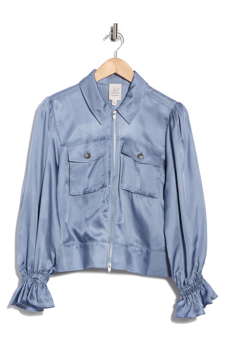 Cinq à Sept Holly Ruffle Satin Twill Jacket, Alternate, color, Rustic Blue