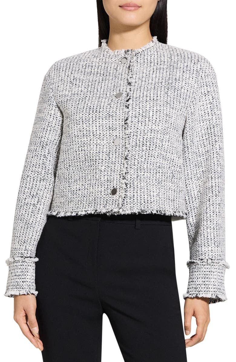 Theory Fray Trim Crop Tweed Jacket, Main, color, White Multi