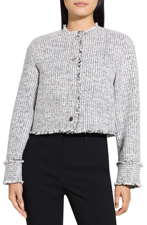 Theory Fray Trim Crop Tweed Jacket In White Multi