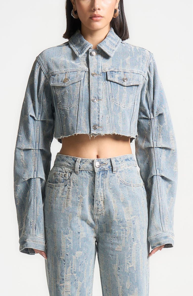 Manière De Voir Alice Cropped Distressed Denim Jacket, Alternate, color, Mid Blue