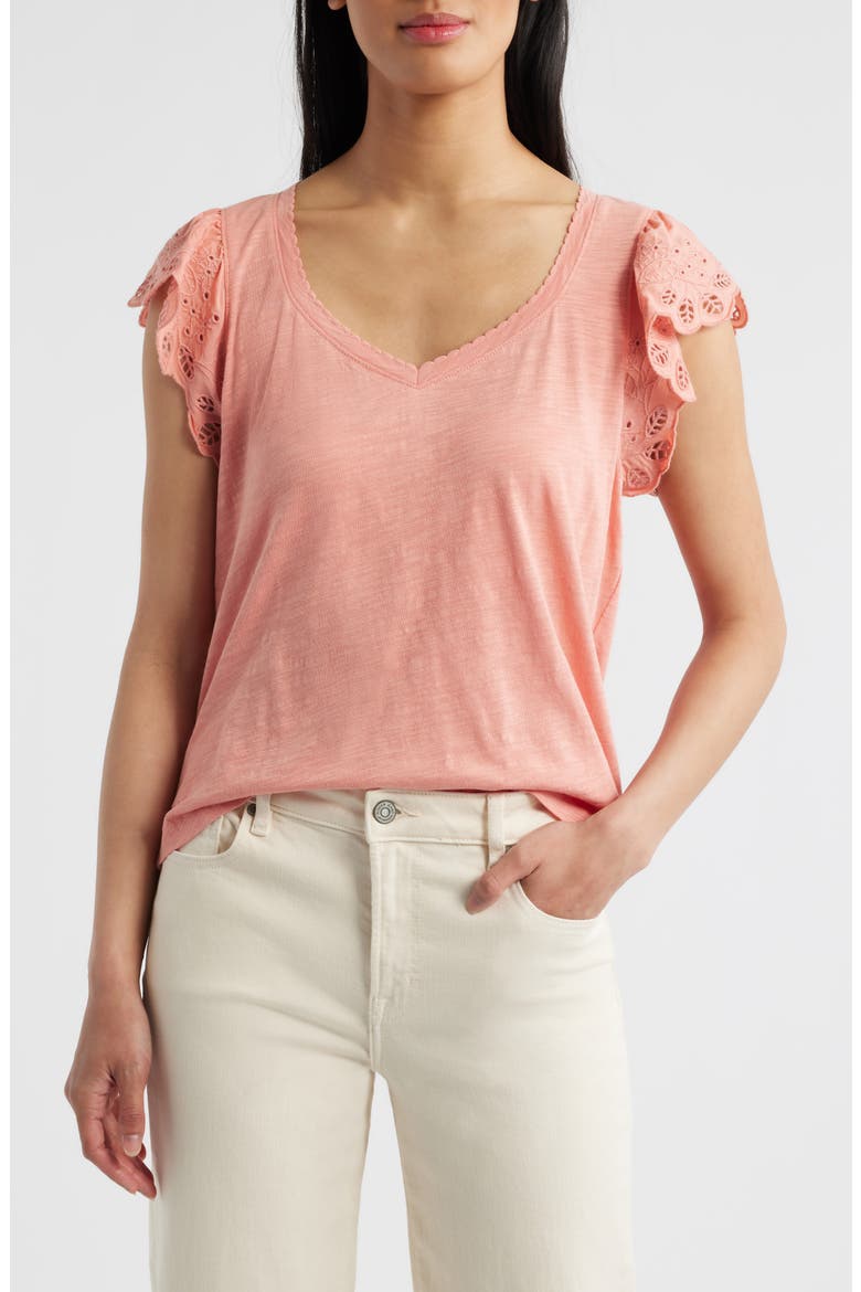 Eyelet Flutter Sleeve Jersey T-Shirt, Main, color, TG-TANGERINE