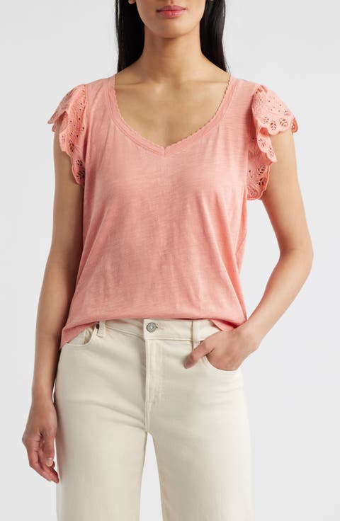 Eyelet Flutter Sleeve Jersey T-Shirt