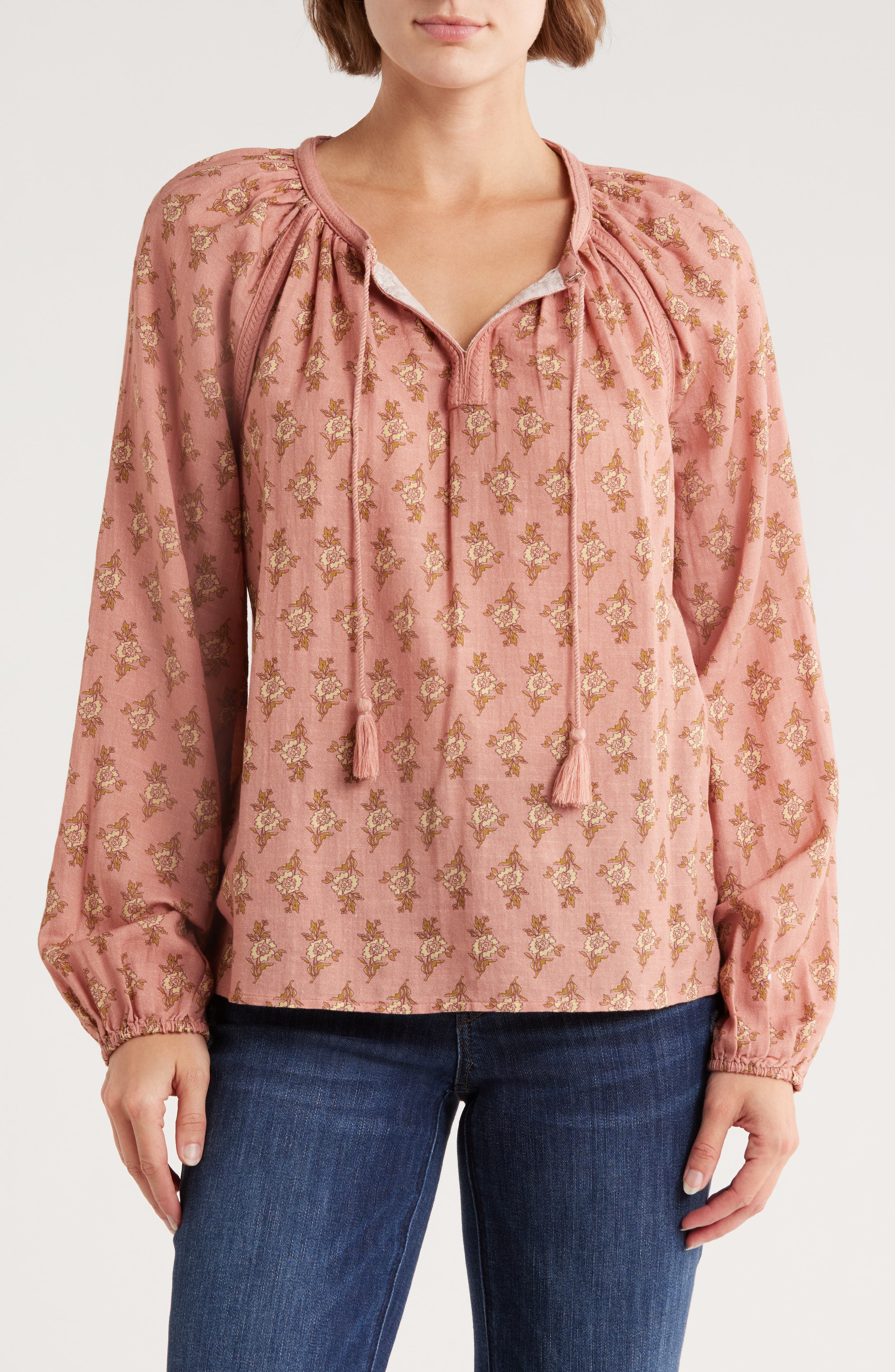 Lucky Brand Long Sleeve Embroidered Peasant Top