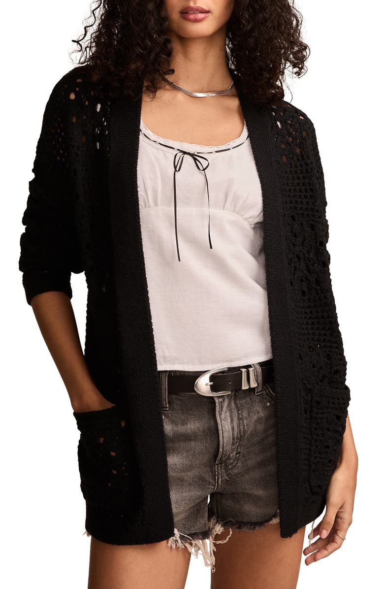 Lucky Brand Granny Crochet Open Front Cardigan, Main, color, 