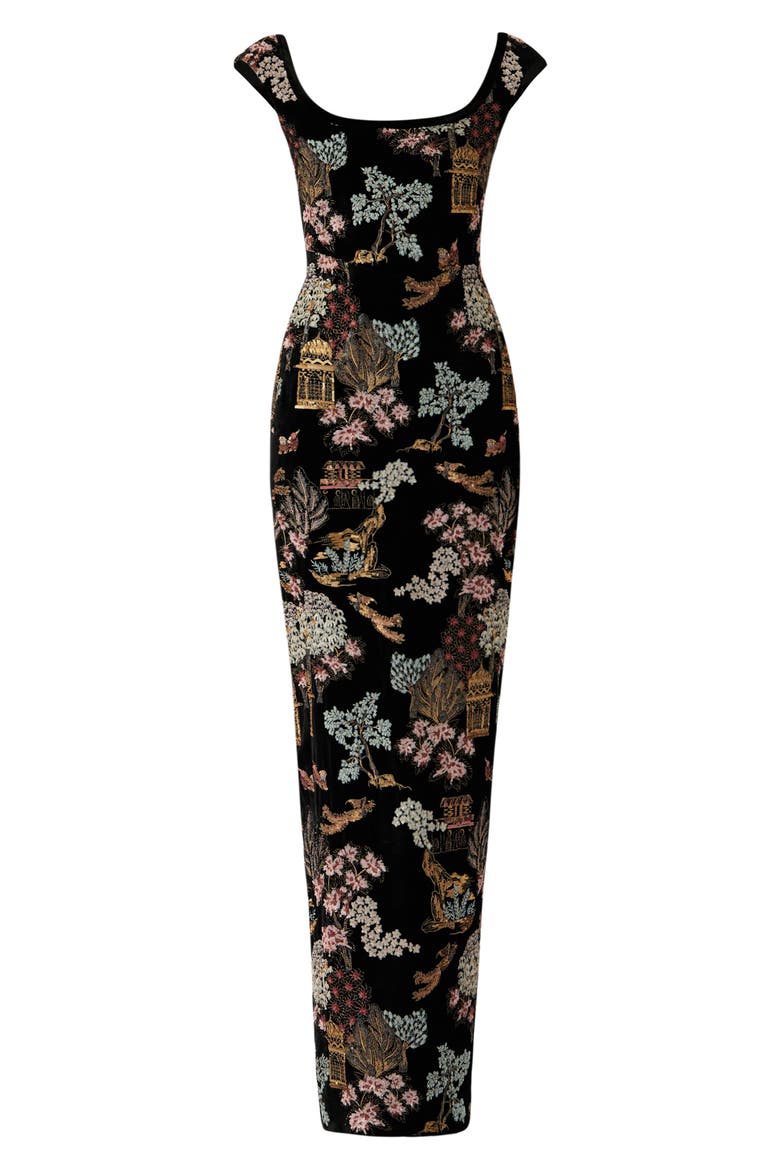 Brooke Embroidered Silk Velvet Gown, Alternate, color, BLACK MULTI
