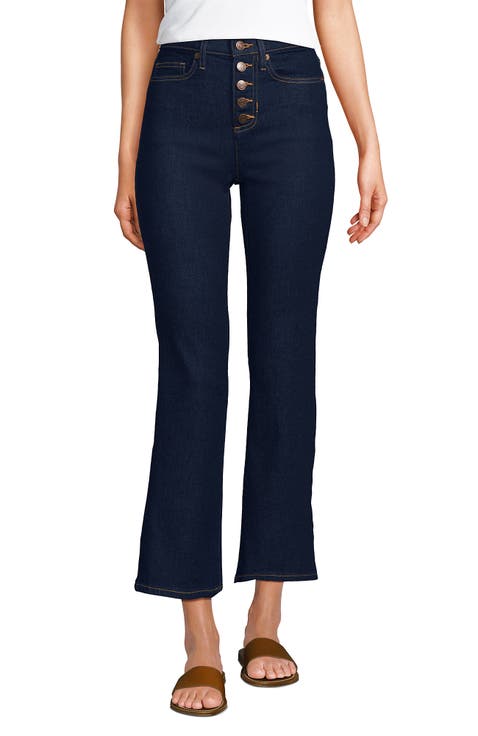 High Rise Denim Button Front Kick Flare Crop Jeans