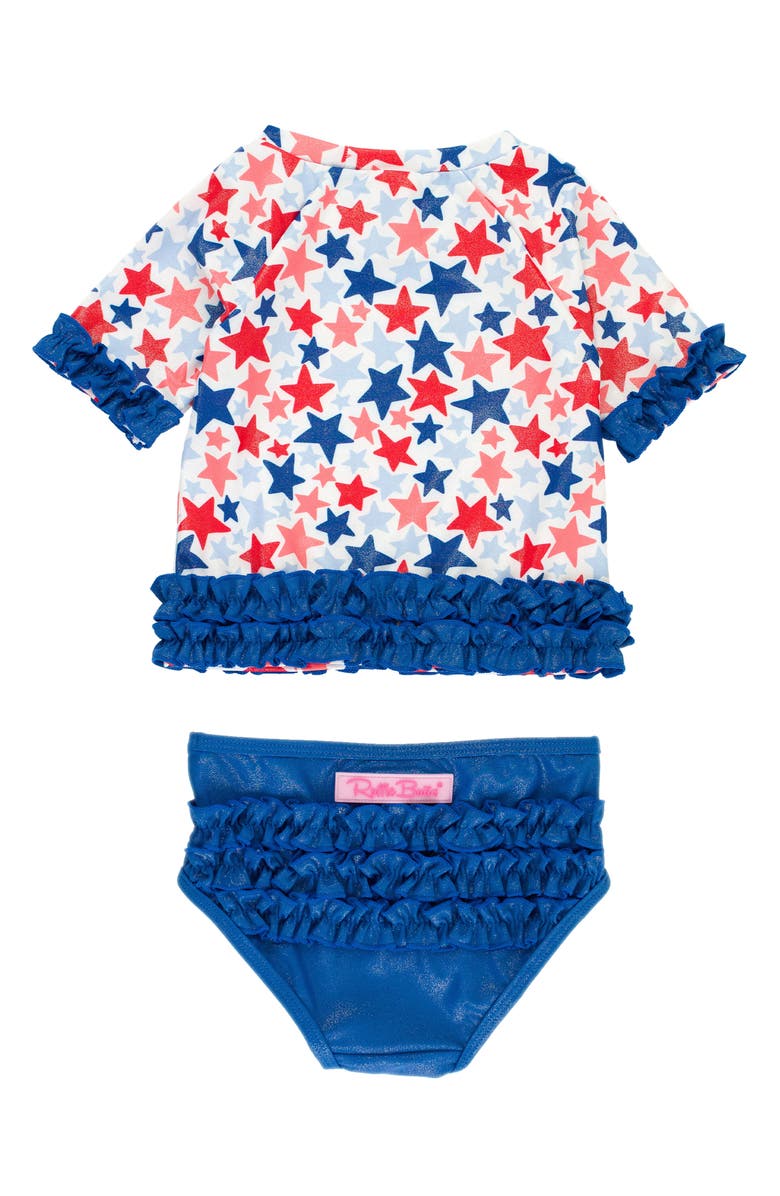 RuffleButts Shimmer Star Spangled Rashguard Two-Piece Swimsuit, Alternate, color, Shimmer Star-Spangled