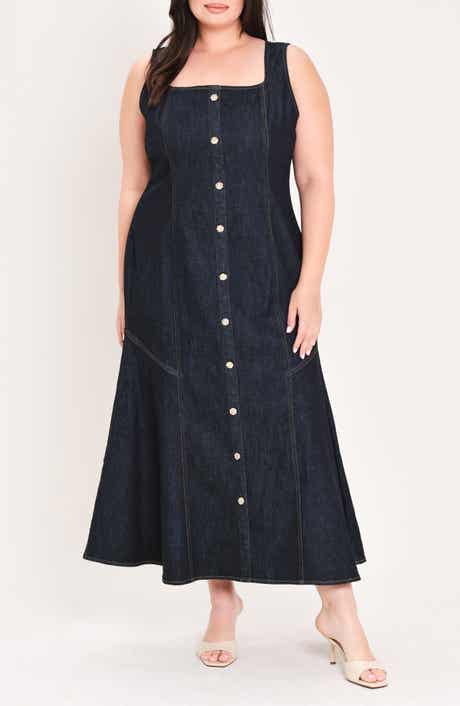 Square Neck Button Front Midi Dress