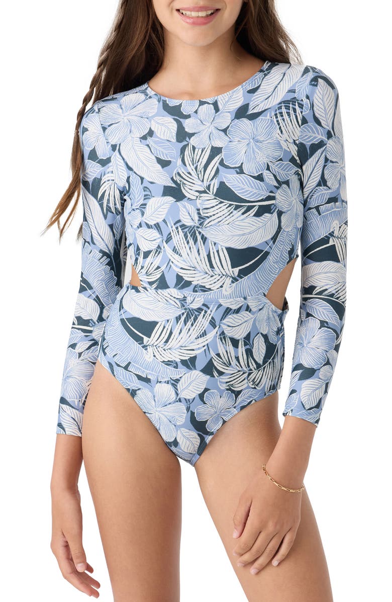 O'Neill Kids' Palmetto Cutout Long Sleeve Rashguard Swimsuit, Main, color, 