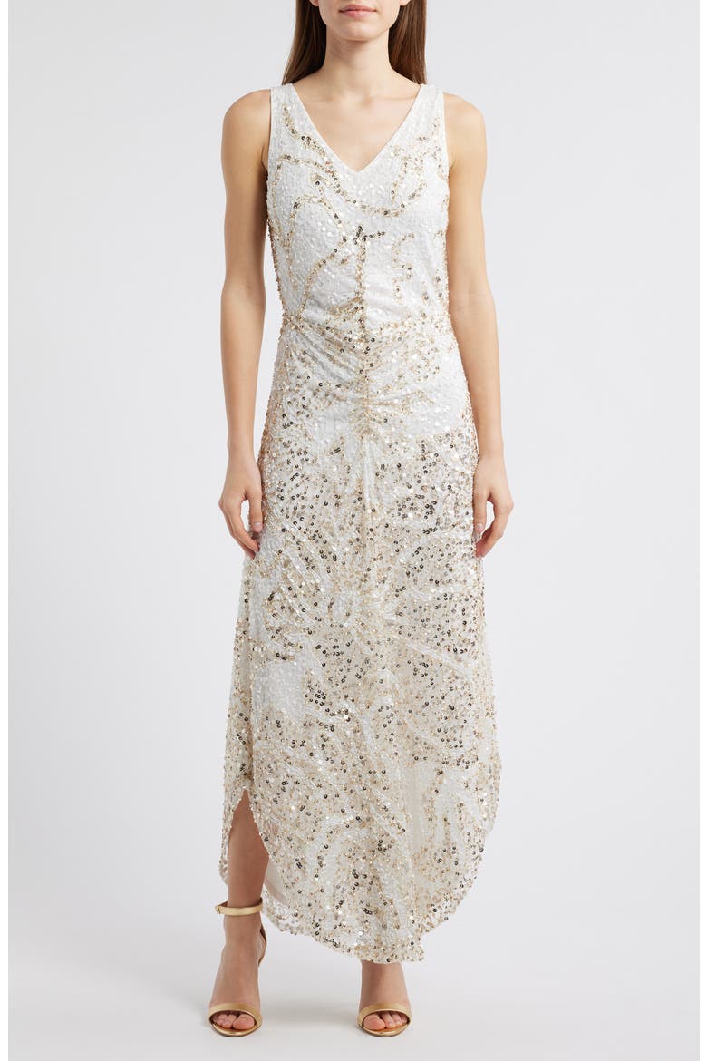 Embellished Sleeveless Evening Dress, Main, color, IVORY 156
