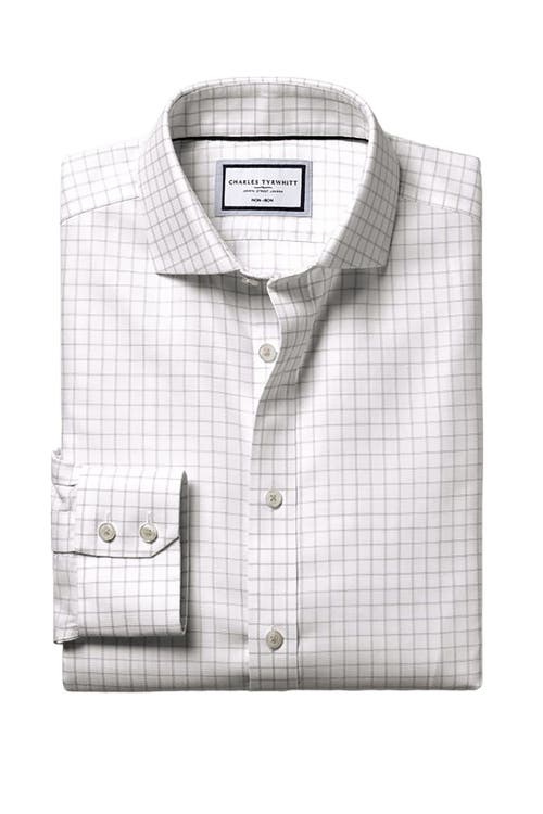 Charles Tyrwhitt Men's Non-iron Clifton Weave Check Cutaway Slim Fit Shirt Double Cuff In Silver Grey