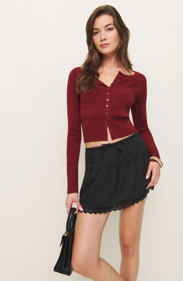 Reformation Tavia Eyelet Trim Organic Cotton Miniskirt, Alternate, color, Black