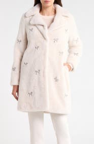 CeCe Bow Embellished Faux Fur Coat