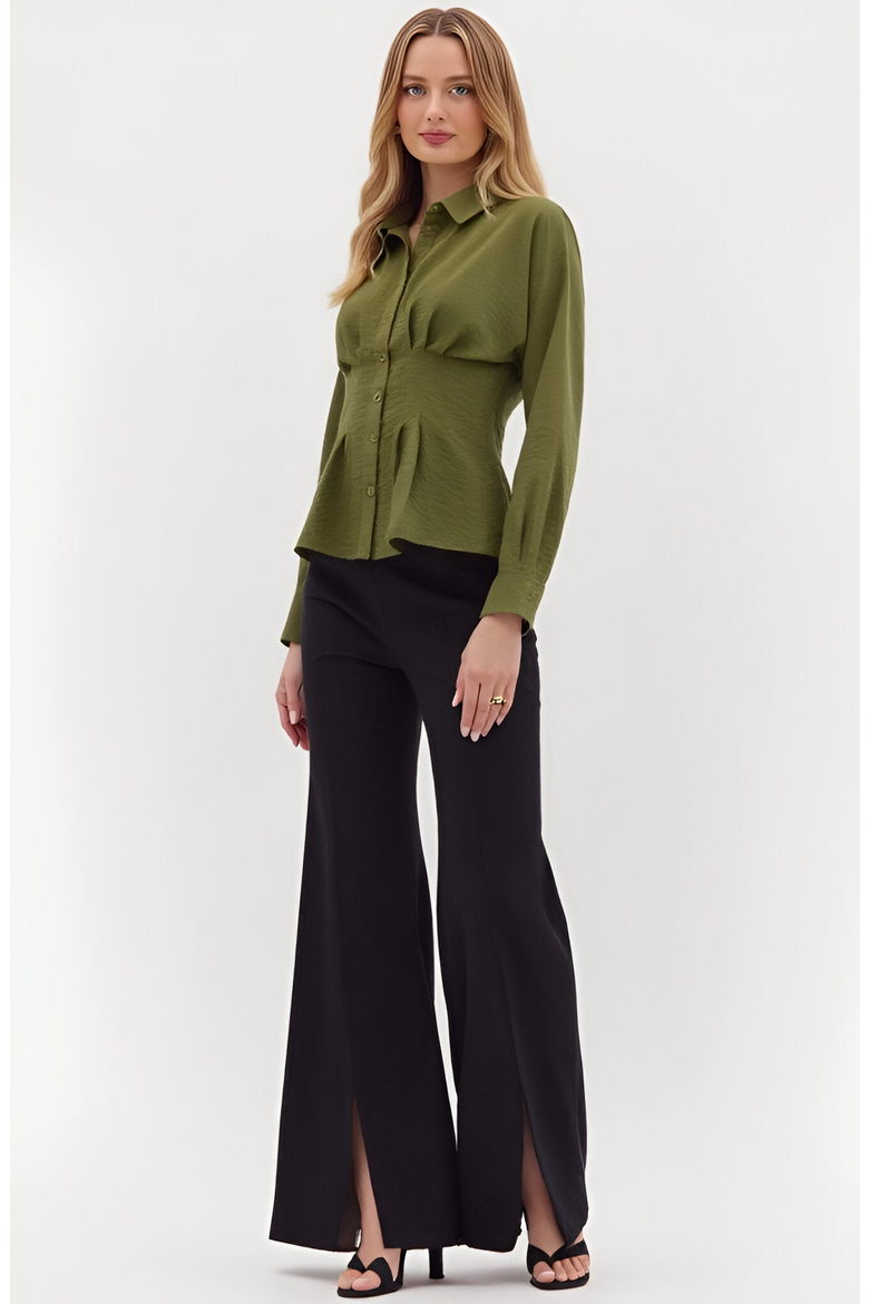 Peplum Button-Up Blouse with Long Sleeves and Structured Waist, Alternate, color, Olive Green