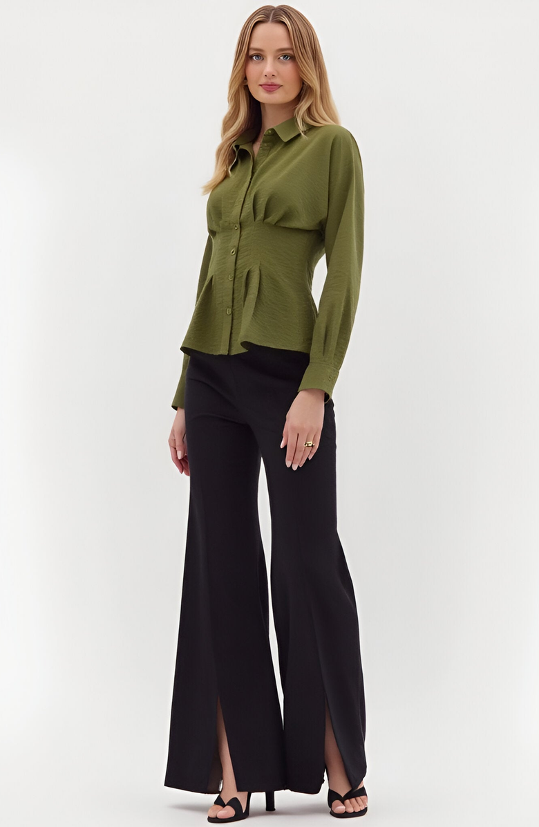 Modenaire Peplum Button-Up Blouse with Long Sleeves and Structured Waist, Alternate, color, 