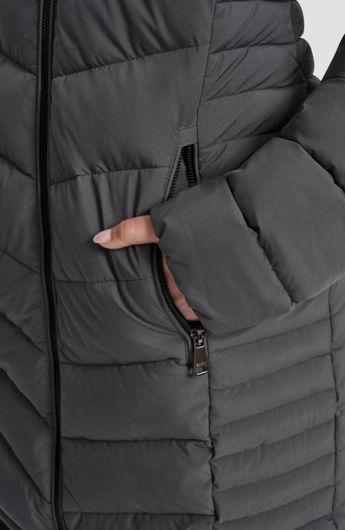 Dkny Cire Packable Hooded Longline Puffer Jacket In Gray