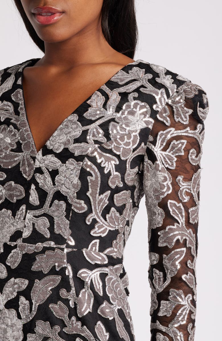 Dress the Population Kelsey Sequin Floral Long Sleeve Minidress, Alternate, color, Dove-Black