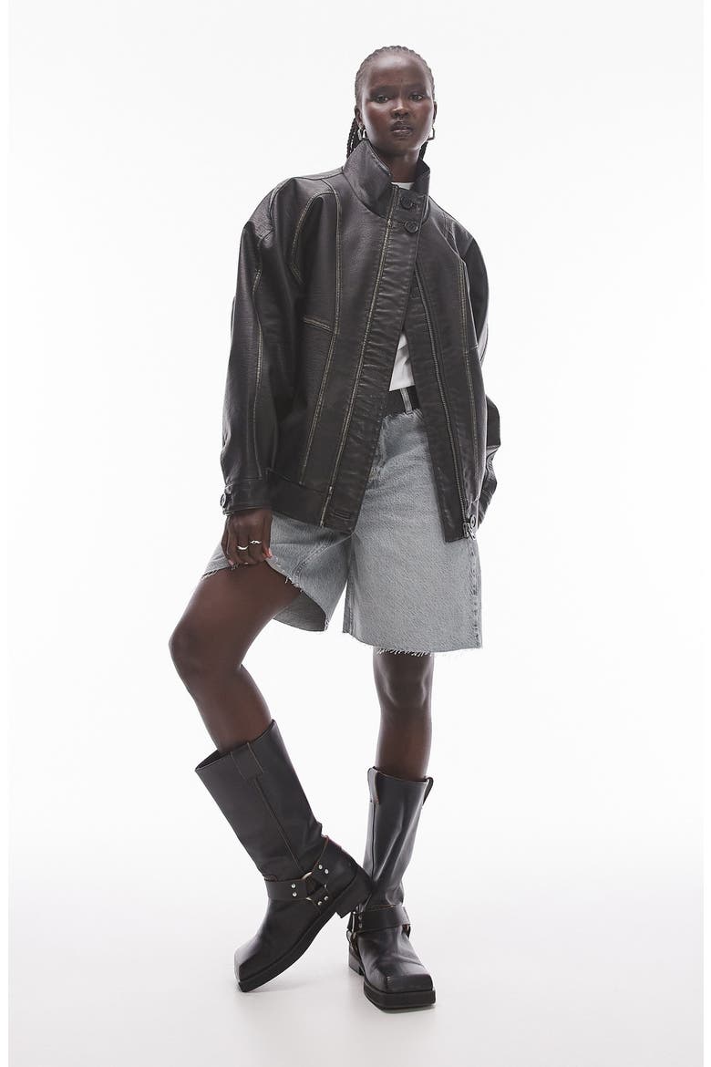 Oversize Faux Leather Bomber Jacket, Main, color, BLACK