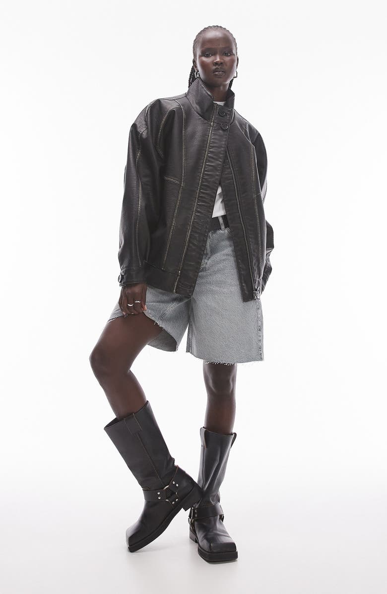 Topshop Oversize Faux Leather Bomber Jacket, Main, color,