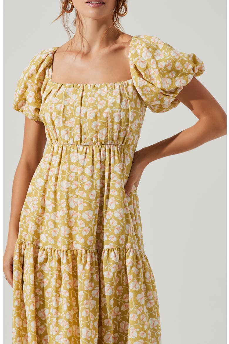 Puff Sleeve Floral Cotton Midi Dress, Alternate, color, OLIVE PEACH FLORAL