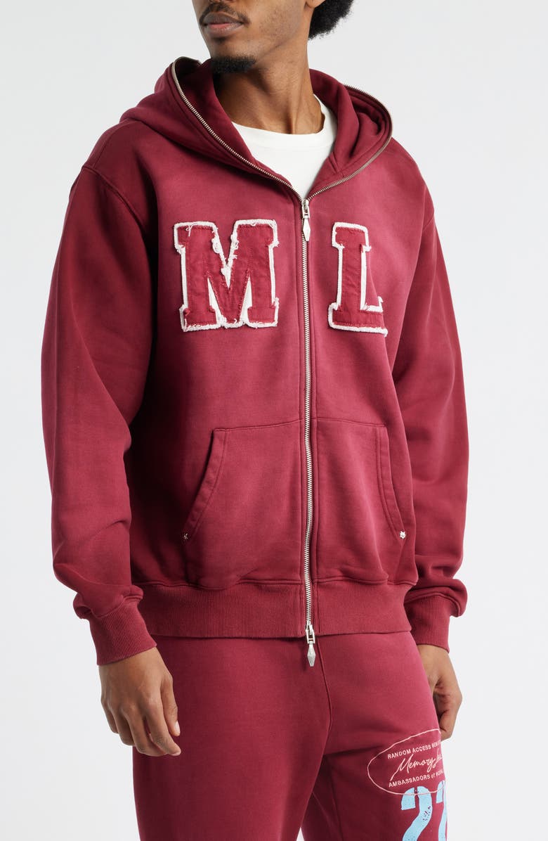 MEMORY LANE Oversize Initial Appliqué Zip Hoodie, Alternate, color, Burgundy