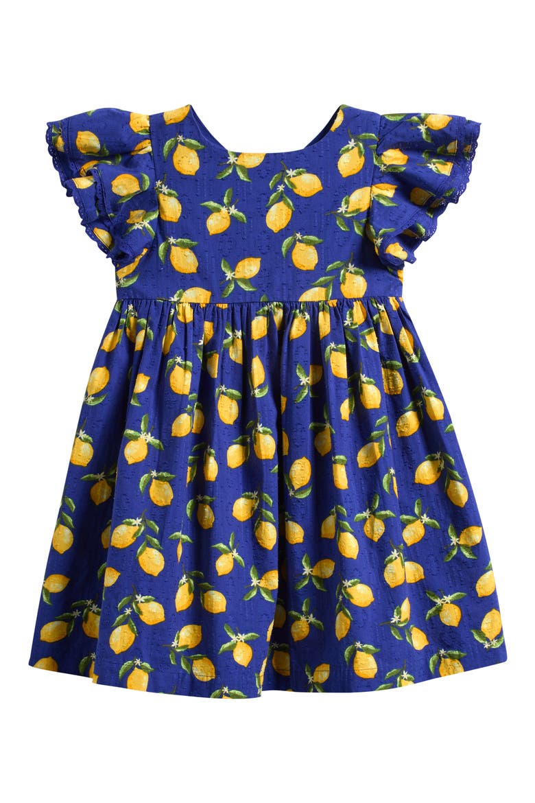 Kids' Lemon Print Angel Sleeve Cotton Jacquard Dress, Main, color, BLUE