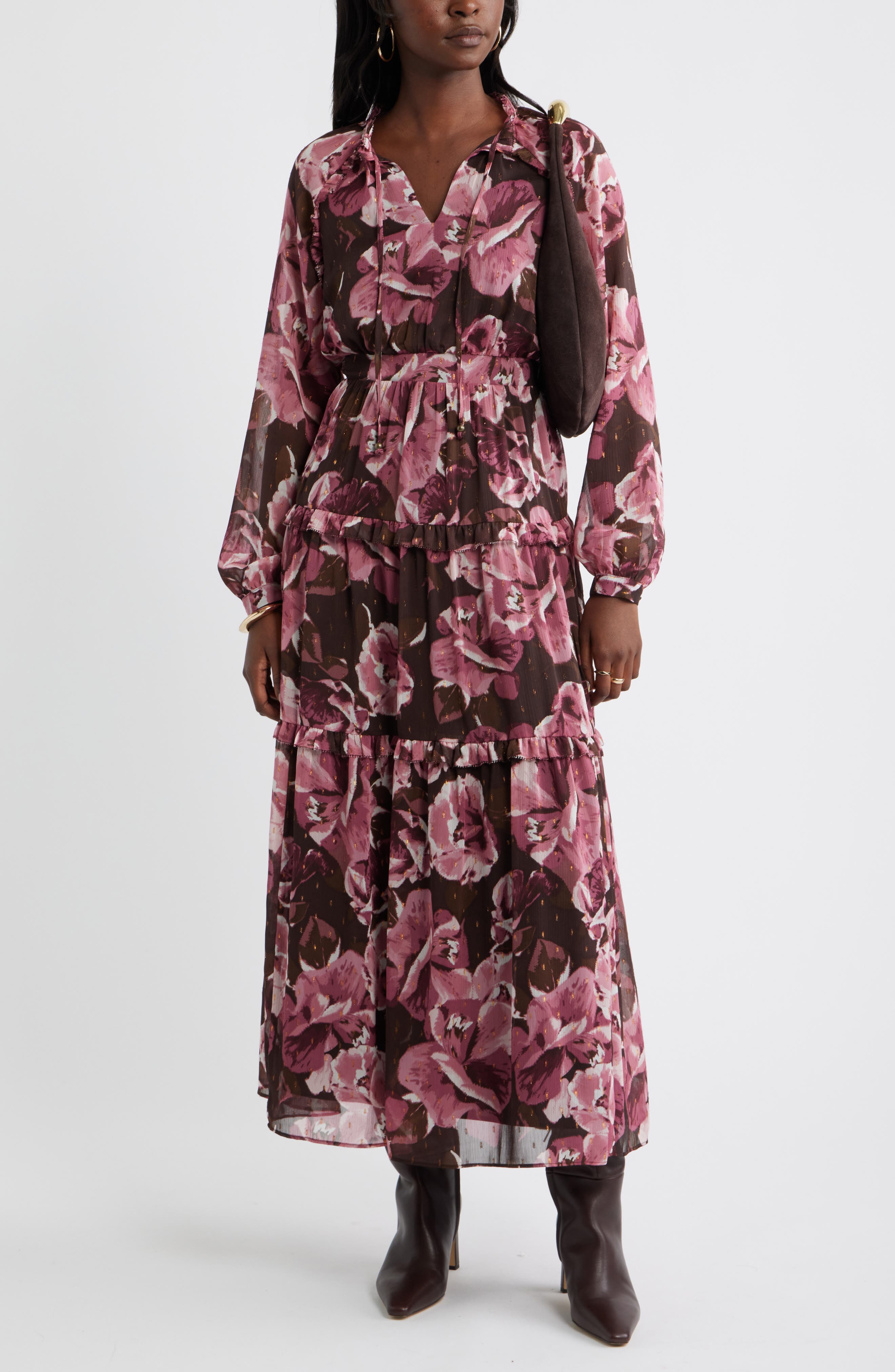 Chelsea28 Floral Metallic Clip Dot Ruffle Tiered Midi Dress (Women ...