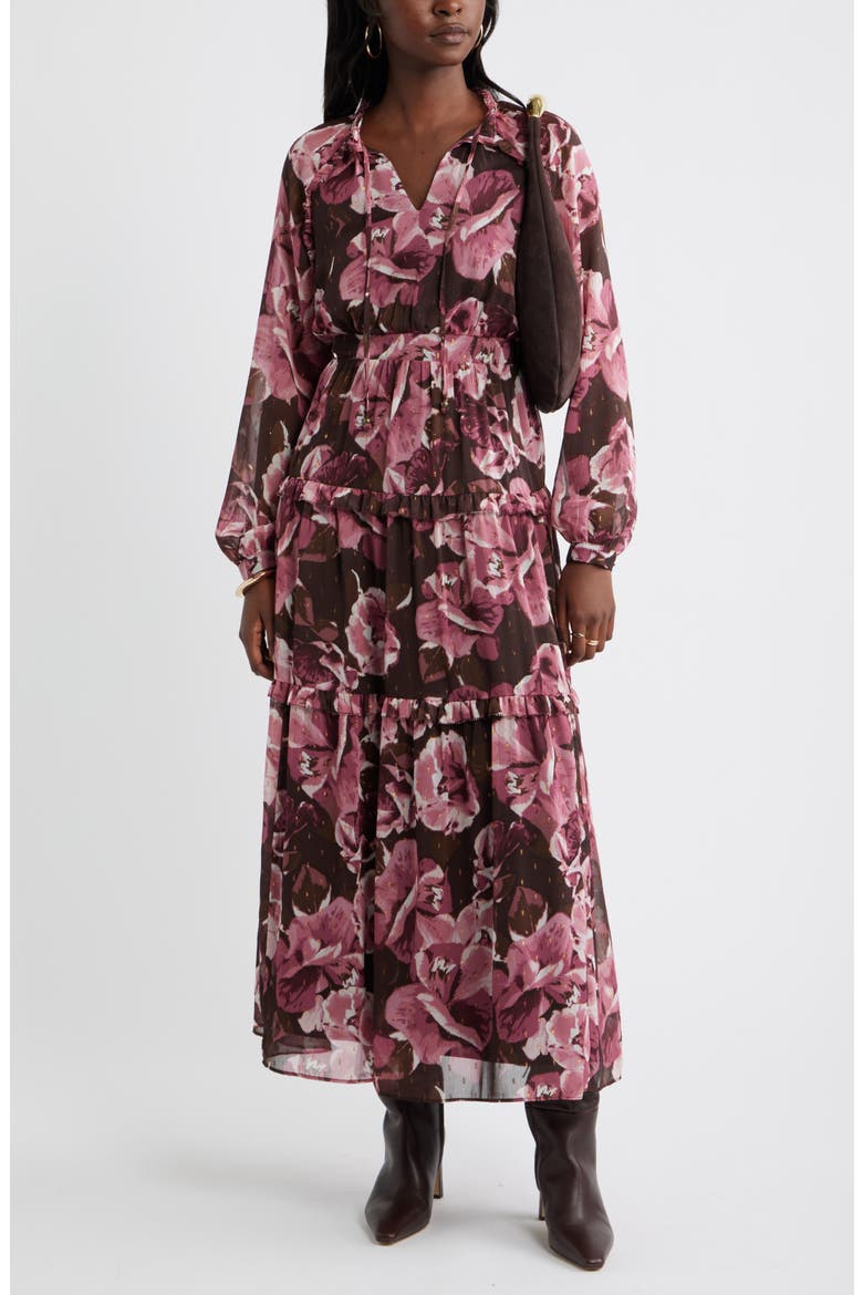 Floral Metallic Clip Dot Ruffle Tiered Midi Dress, Alternate, color, BROWN PINK WENDI FLORAL