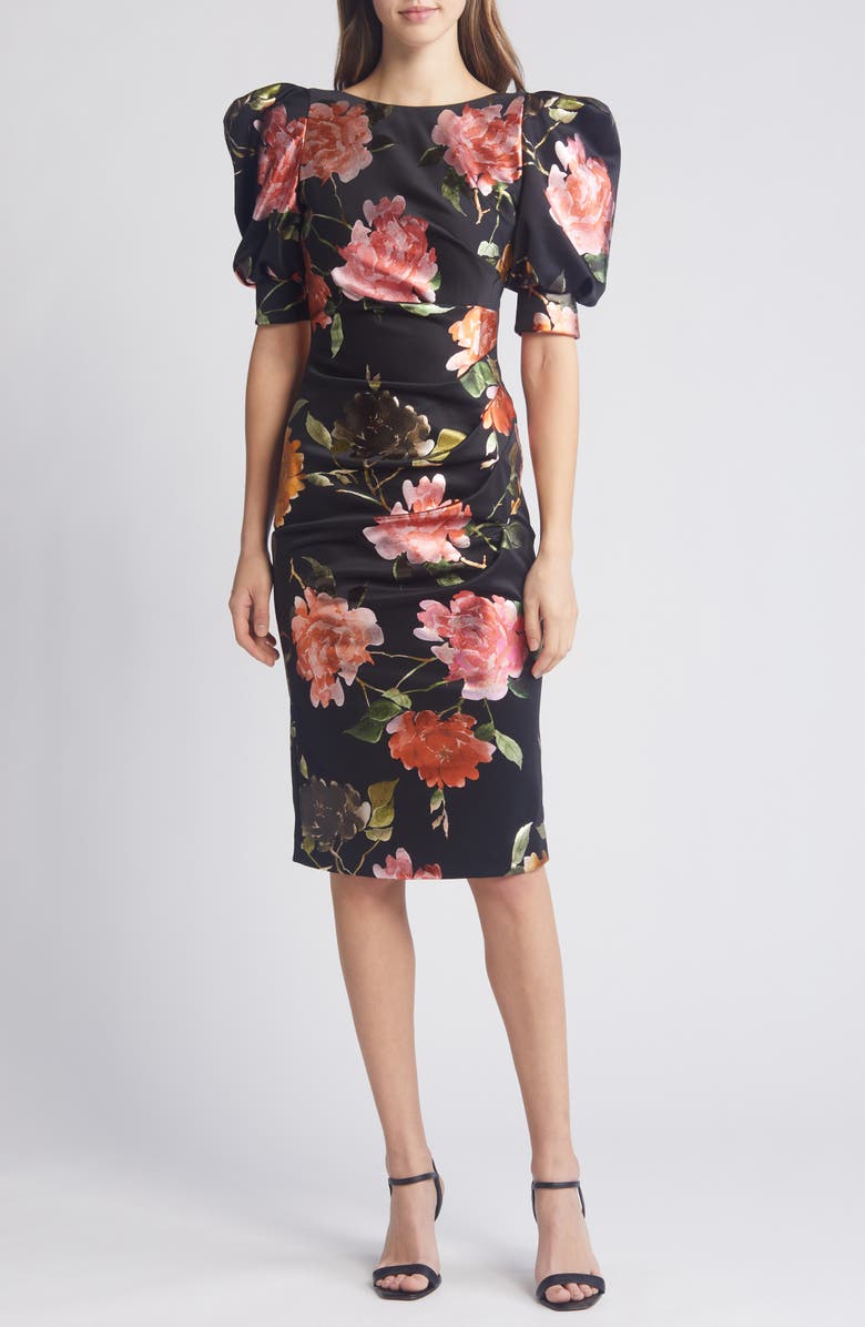 Black Halo Floral Puff Sleeve Cocktail Dress, Main, color, 