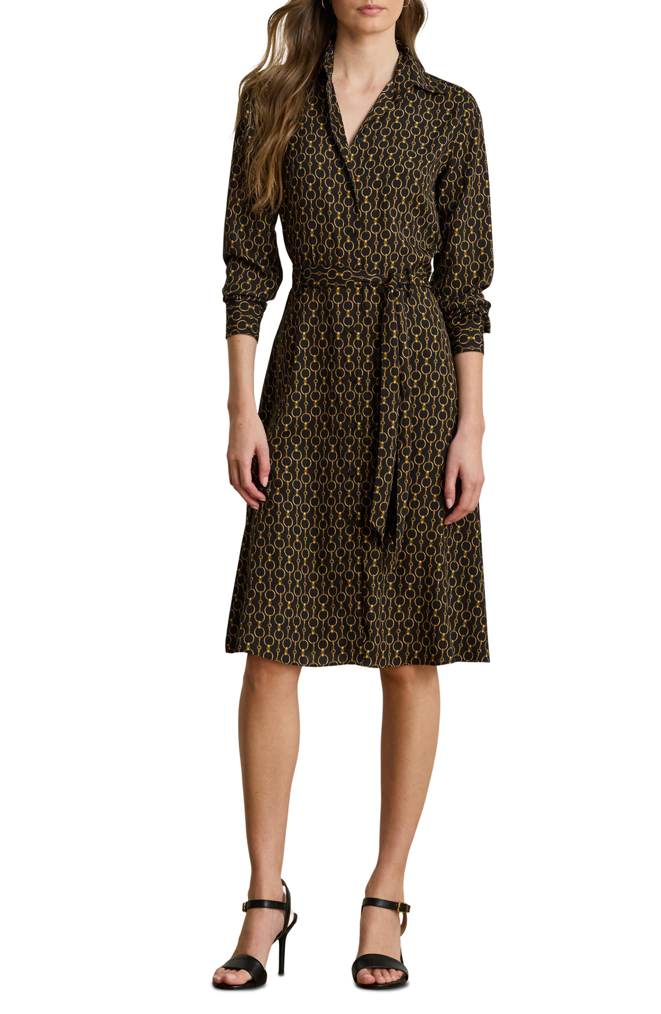 Lauren Ralph Lauren Chain Print Tie Waist Long Sleeve Crepe Shirtdress