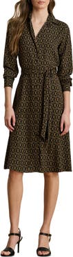 Lauren Ralph Lauren Chain Print Tie Waist Long Sleeve Crepe Shirtdress