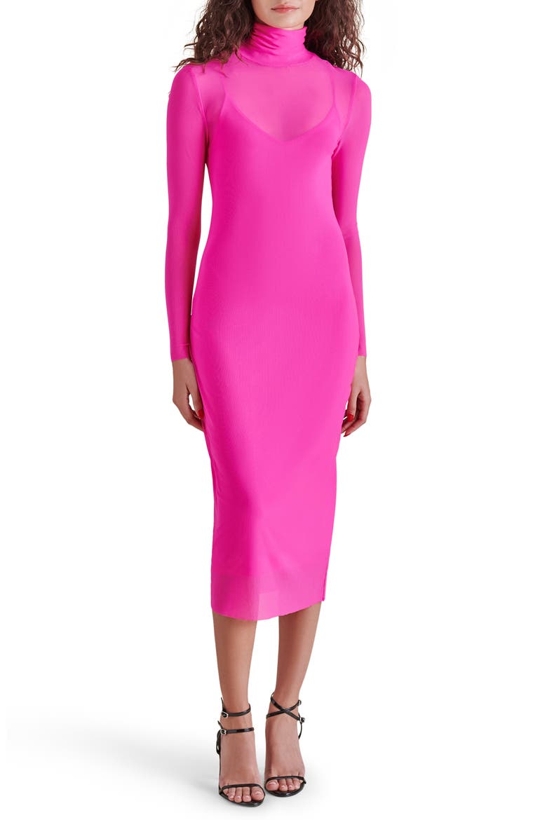 Vivienne Long Sleeve Mesh Midi Dress, Main, color, PINK GLO
