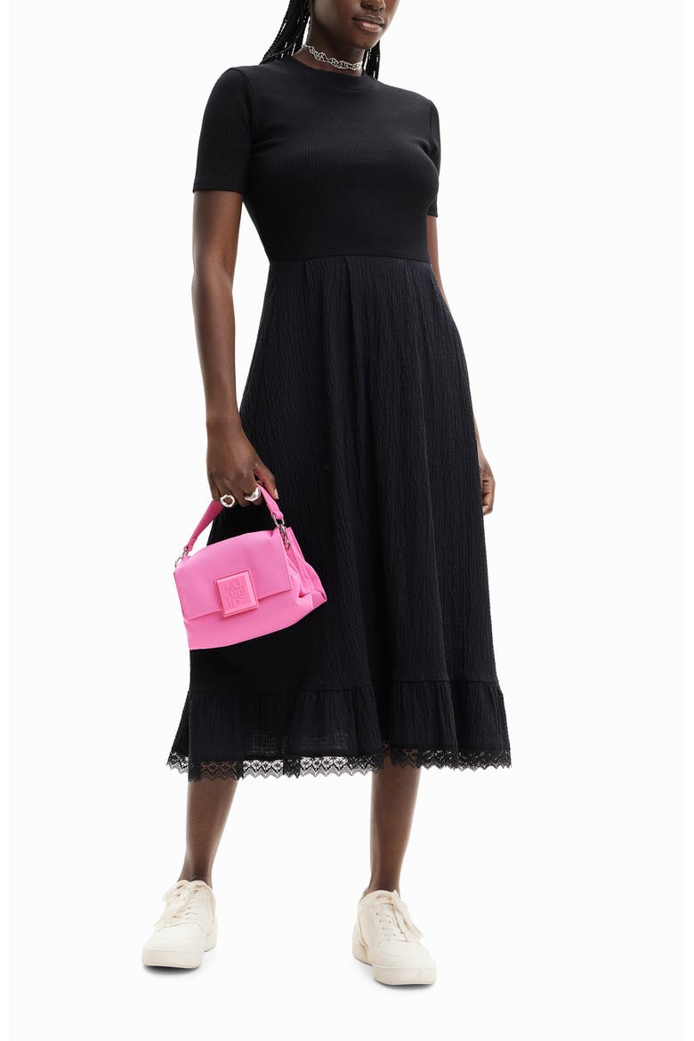 Mixed Media Mock Neck Midi Dress, Alternate, color, BLACK