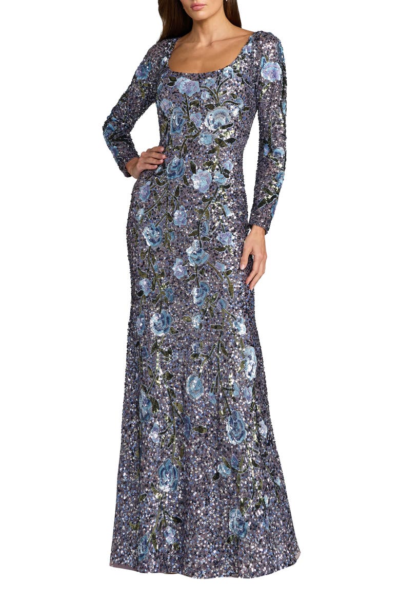 Floral Beaded Mesh Long Sleeve Square Neck Gown, Main, color, Hydrangea Multi