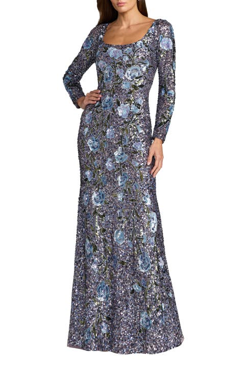 Floral Beaded Mesh Long Sleeve Square Neck Gown