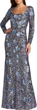 Mac Duggal Floral Beaded Mesh Long Sleeve Square Neck Gown